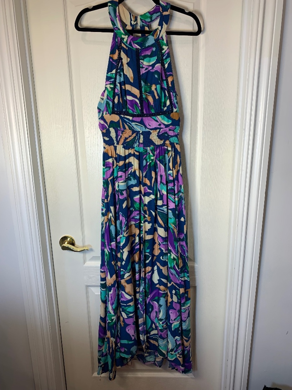 Abel The Label Anthropologie Maxi Dress Halter Open Front Boho Crochet Detail L